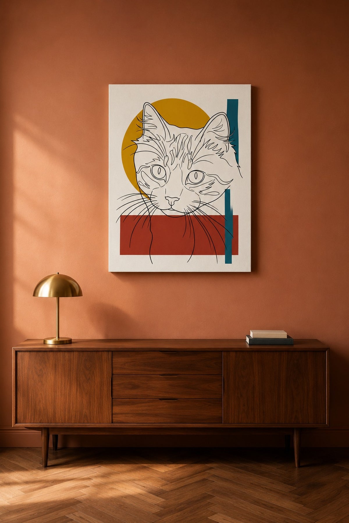 Leinwand im Wohnzimmer: Deine Katze als Bauhaus-Lineart – personalisiertes Katzenportrait