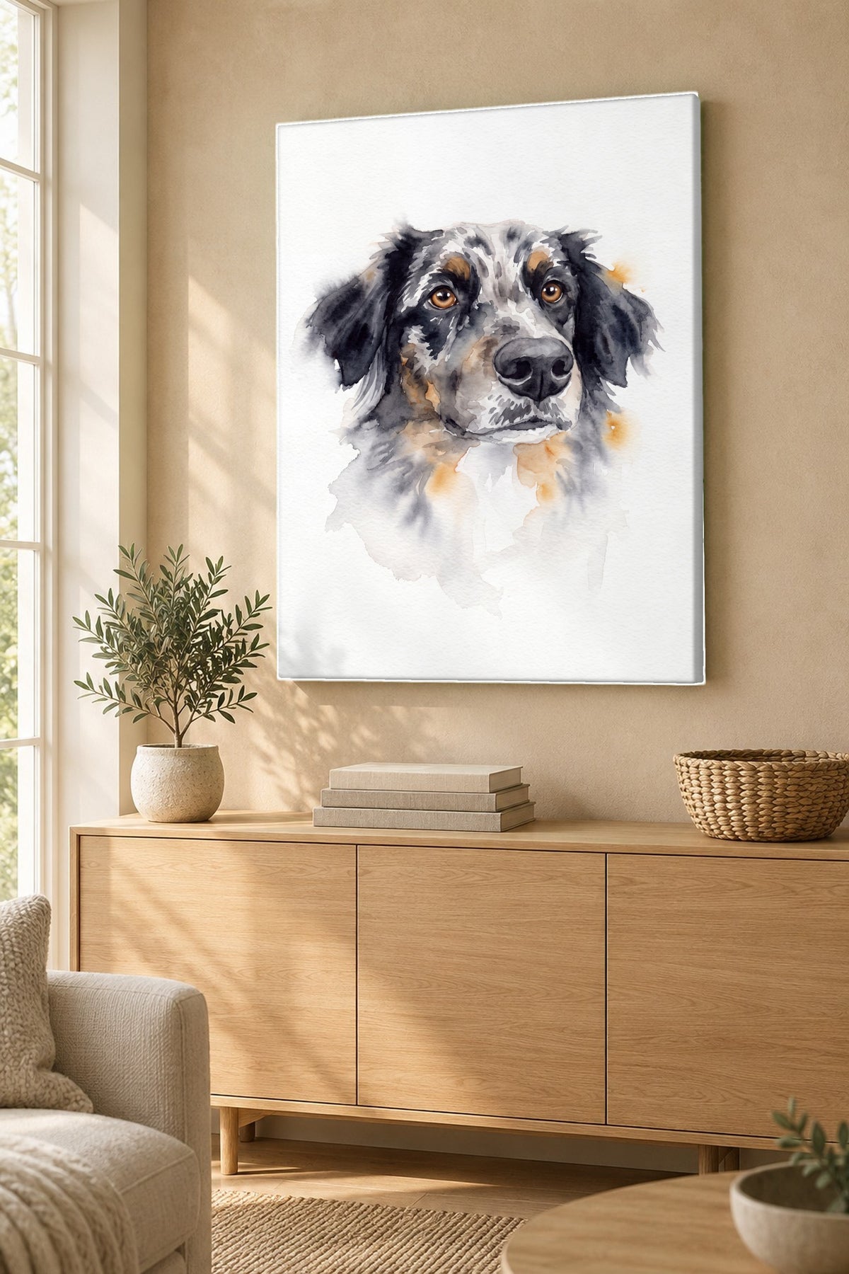 Leinwand im Wohnzimmer: Dein Hund als Aquarell-Portrait – personalisiertes Hundeportrait