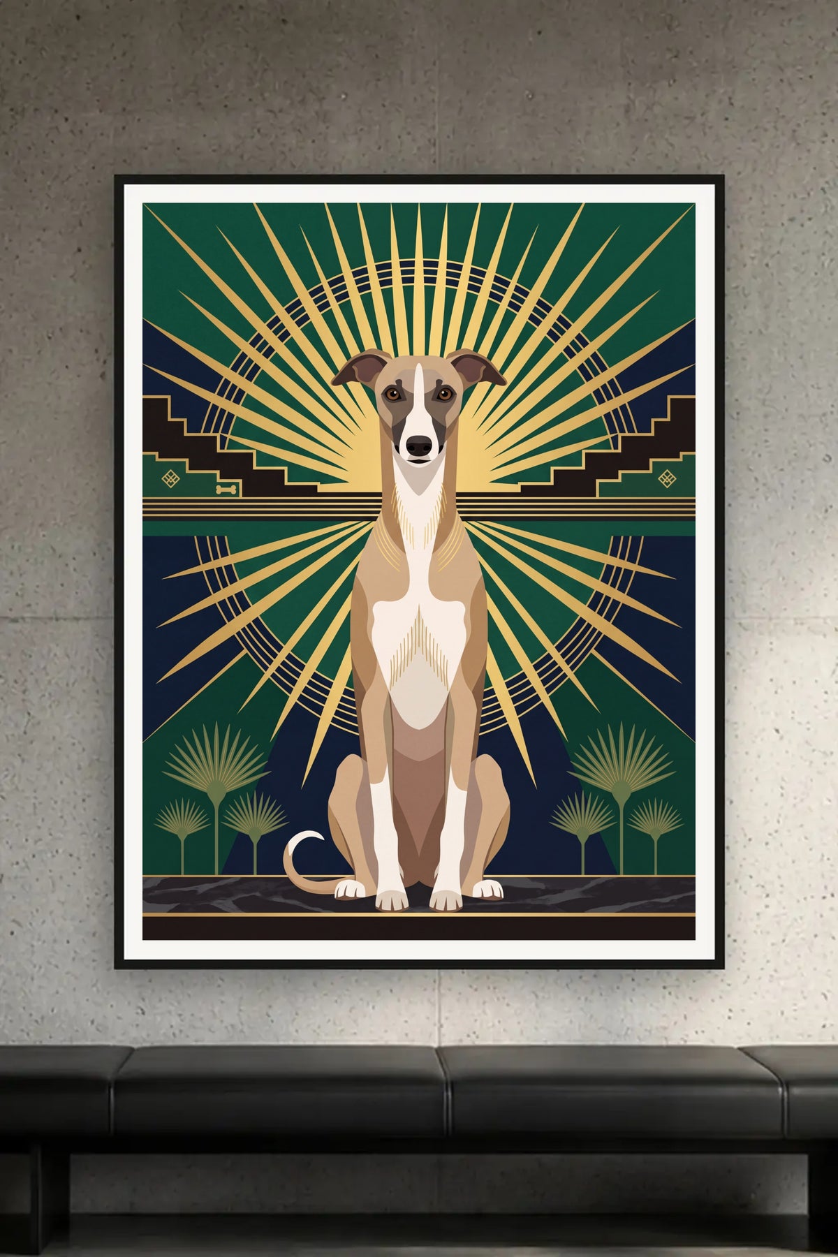 Poster im Wohnzimmer: Dein Hund als Art-Deco-Sunburst – personalisiertes Hundeportrait