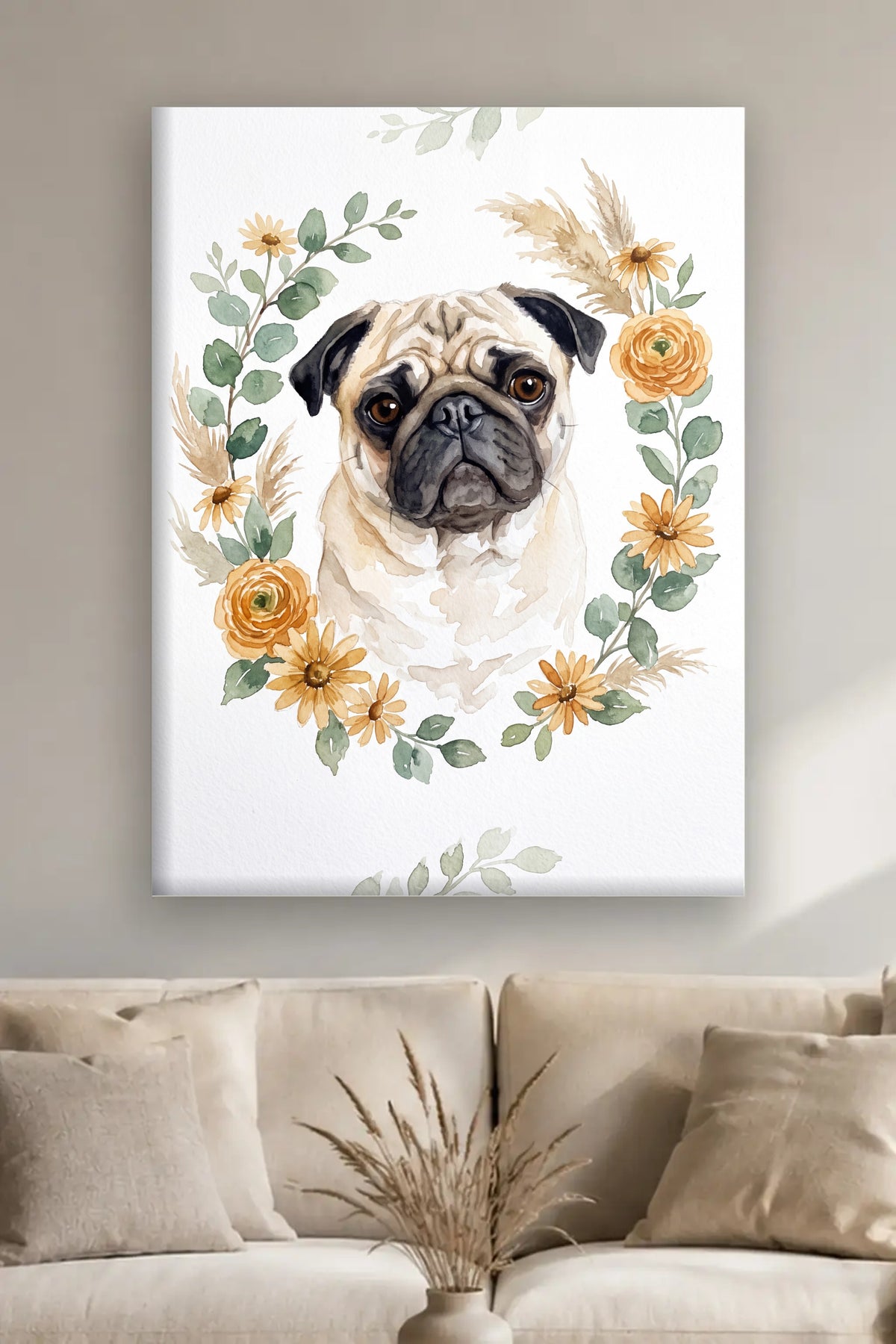 Leinwand im Wohnzimmer: Dein Hund als Aquarell im Botanik-Kranz – personalisiertes Hundeportrait