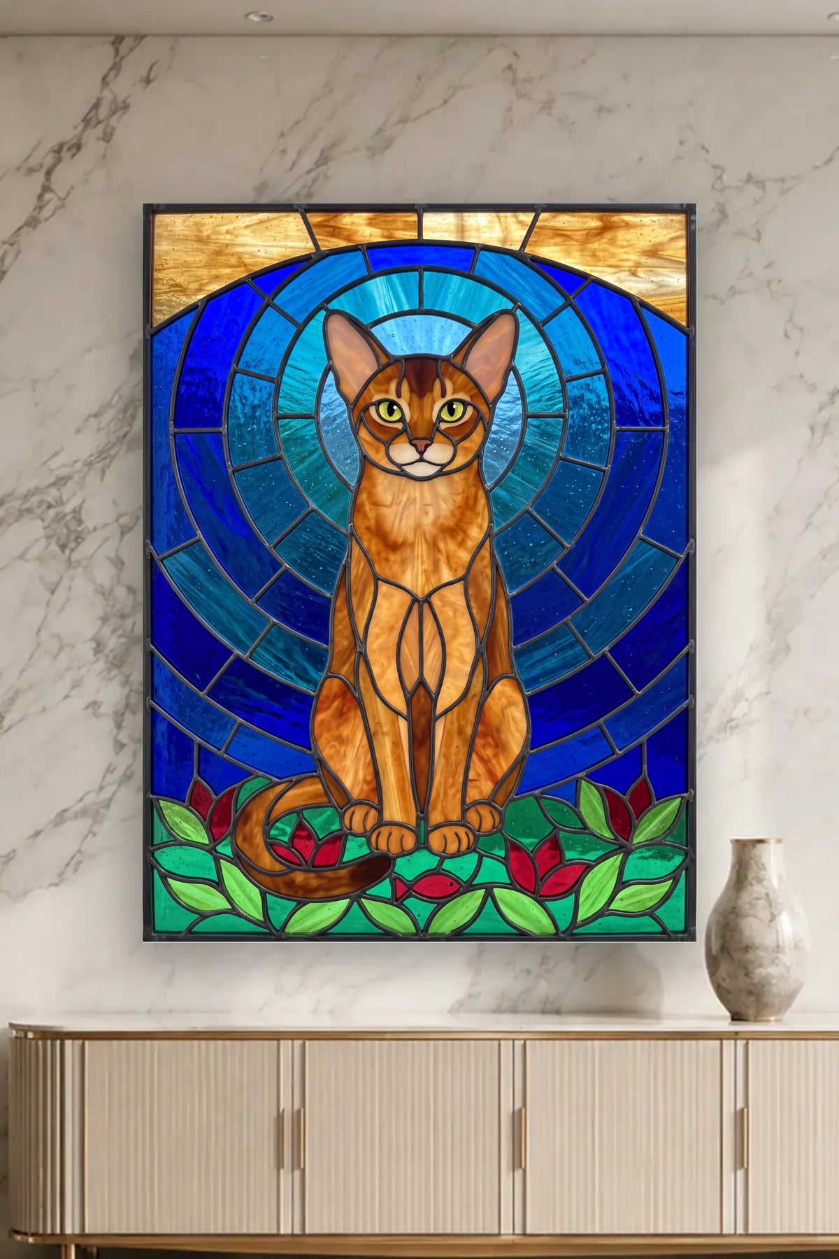 Leinwand im Wohnzimmer: Deine Katze als Buntglasfenster – personalisiertes Katzenportrait