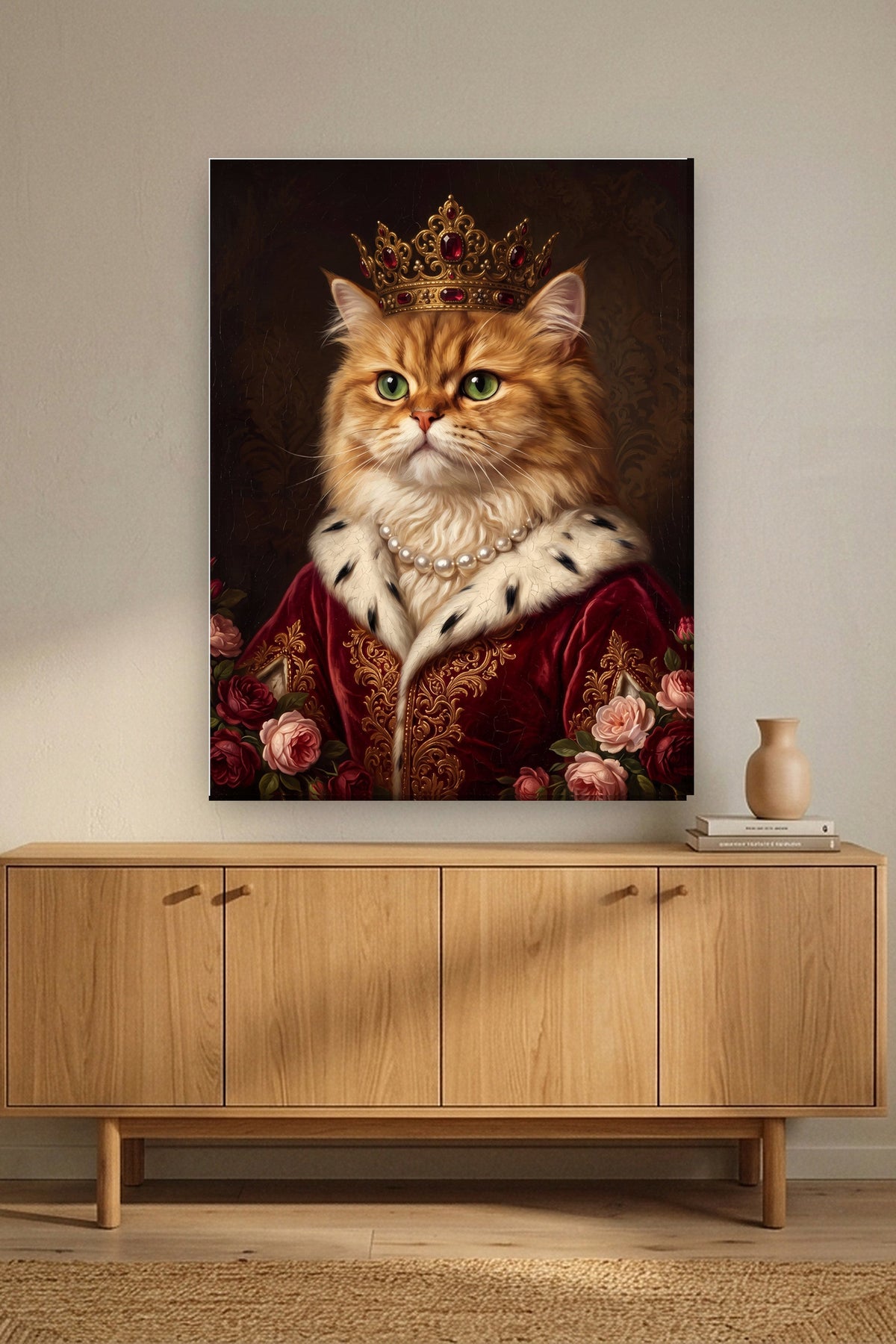 Leinwand an der Galeriewand: Deine Katze als Renaissance-Königin – personalisiertes Katzenportrait