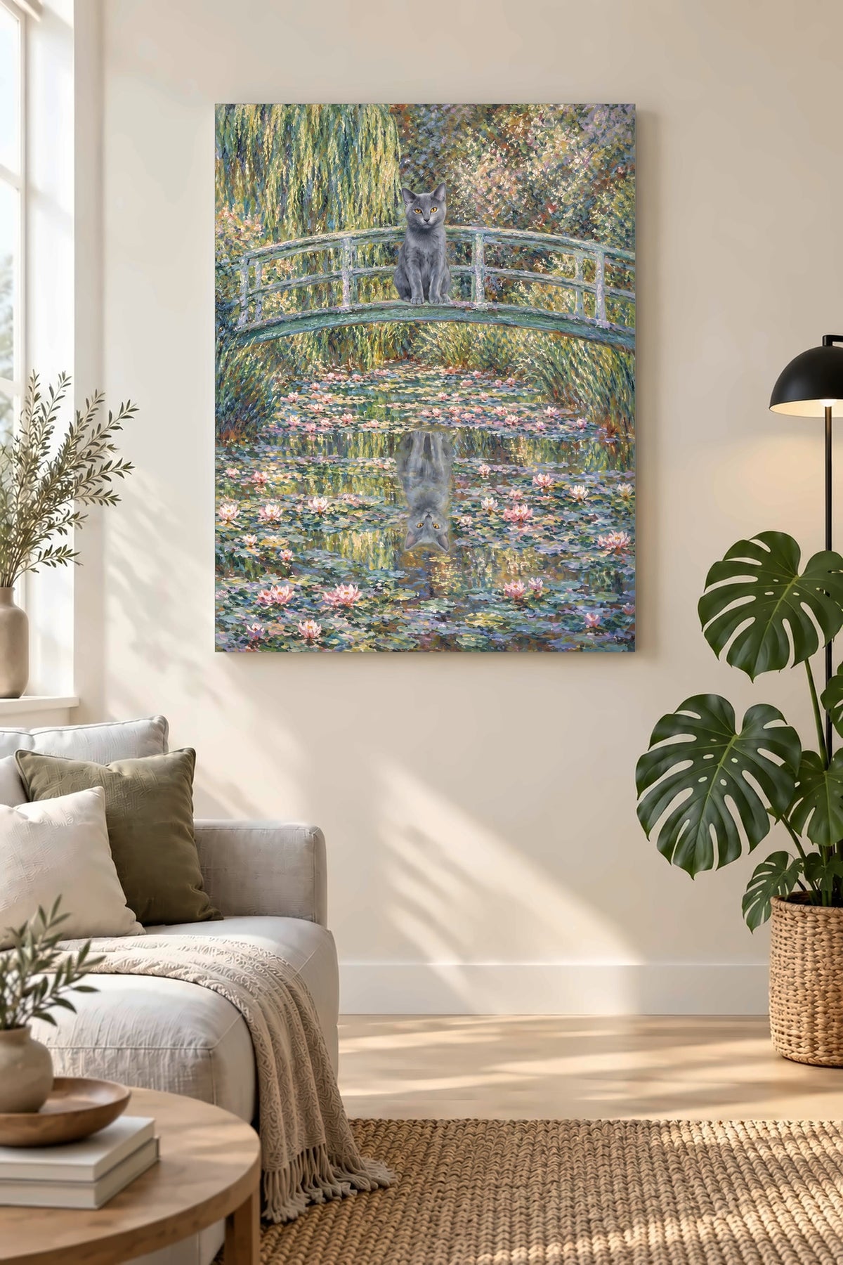 Leinwand im Wohnzimmer: Deine Katze als Monet Seerosenbrücke – personalisiertes Katzenportrait