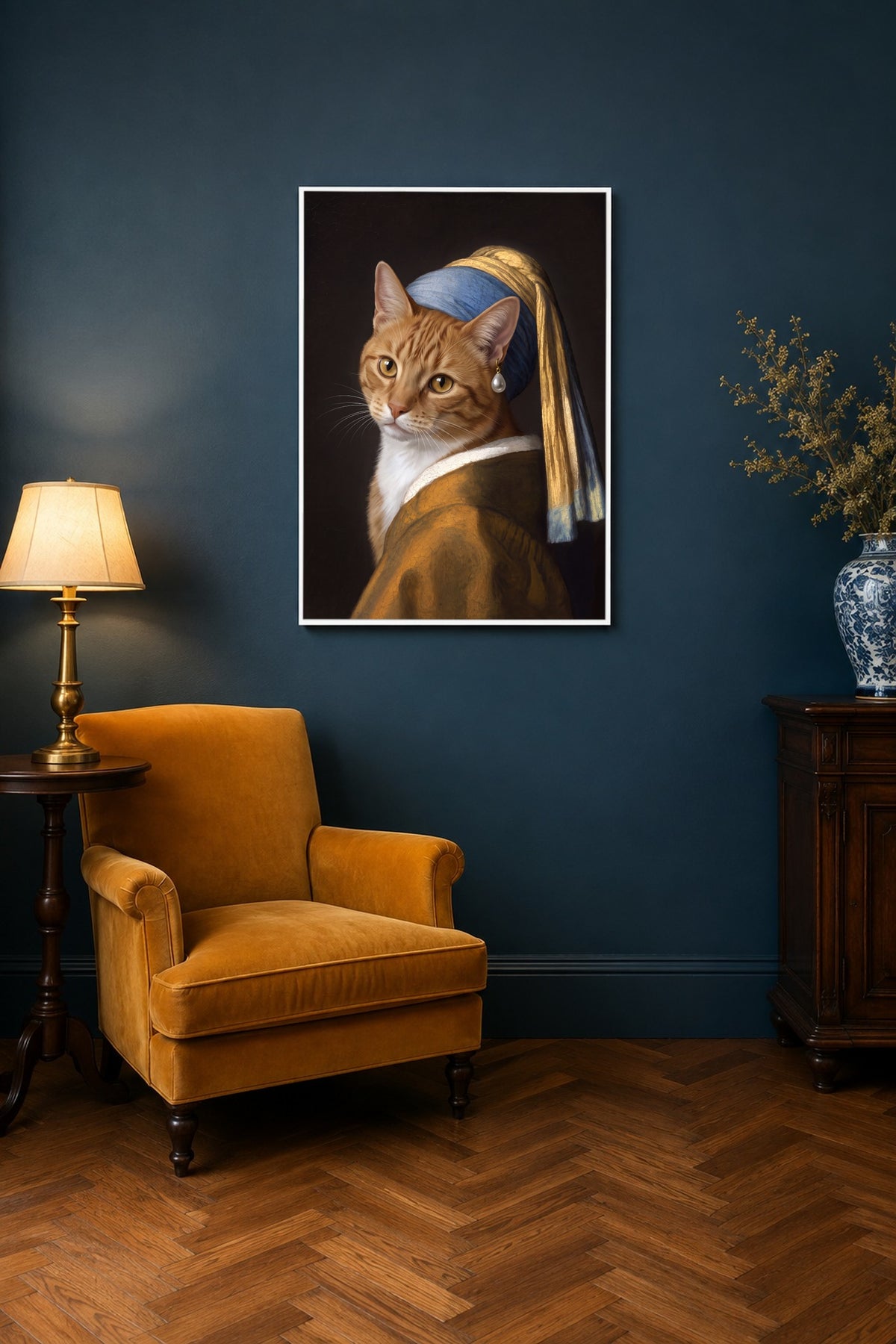 Leinwand im Wohnzimmer: Deine Katze als Mädchen mit dem Perlenohrring – personalisiertes Katzenportrait