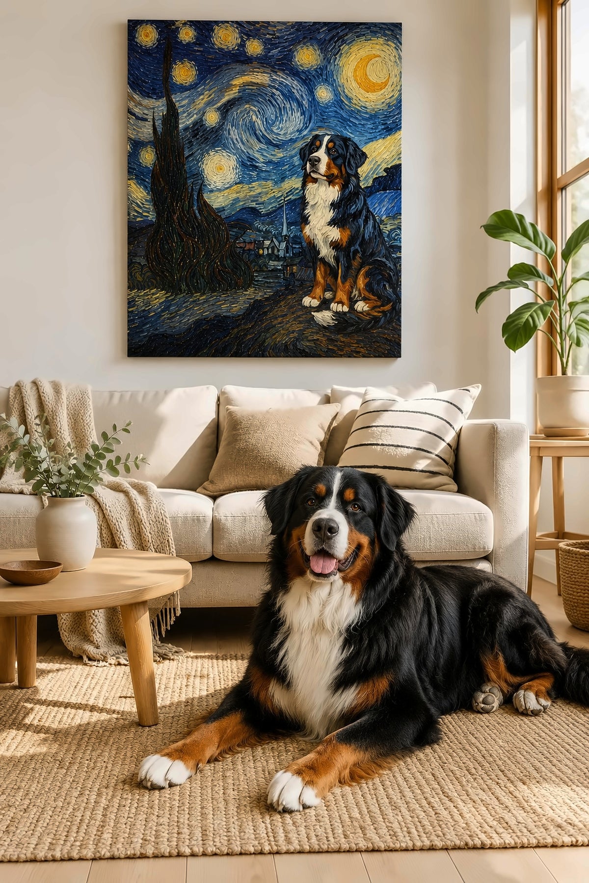 Leinwand im Wohnzimmer: Dein Hund in der Sternennacht – personalisiertes Hundeportrait