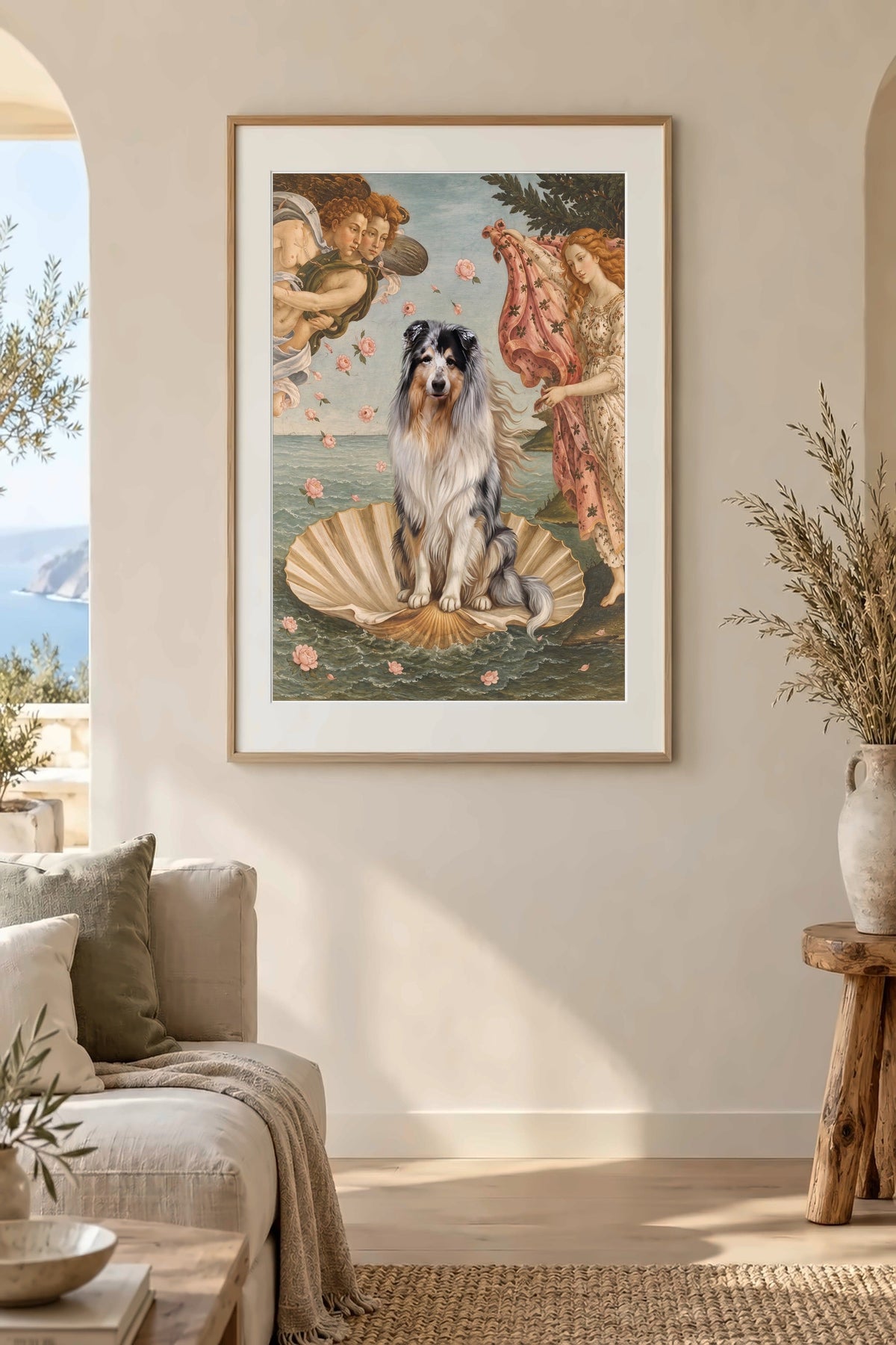 Poster im Wohnzimmer: Dein Hund als Geburt der Venus – personalisiertes Hundeportrait