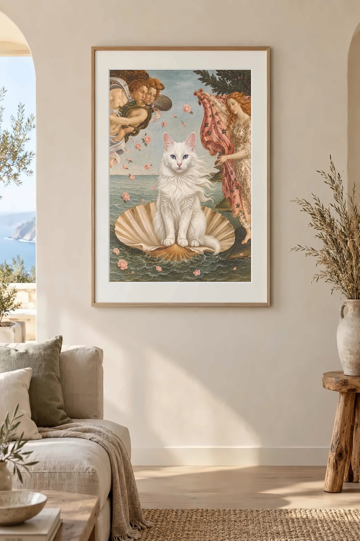Poster im Wohnzimmer: Deine Katze als Geburt der Venus – personalisiertes Katzenportrait
