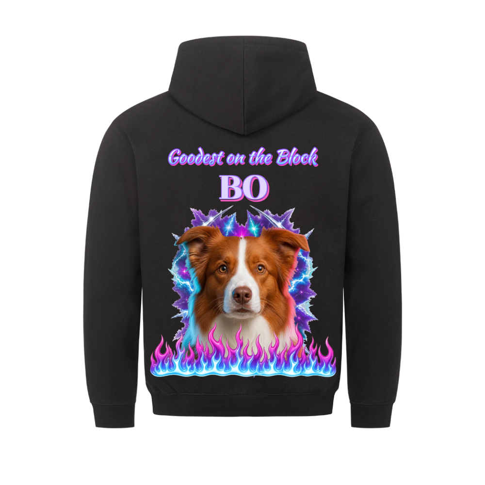 Goodest On The Block custom pet hoodie black, back print - your dog as a 90s rap bootleg airbrush portrait with lightning and flames, with name