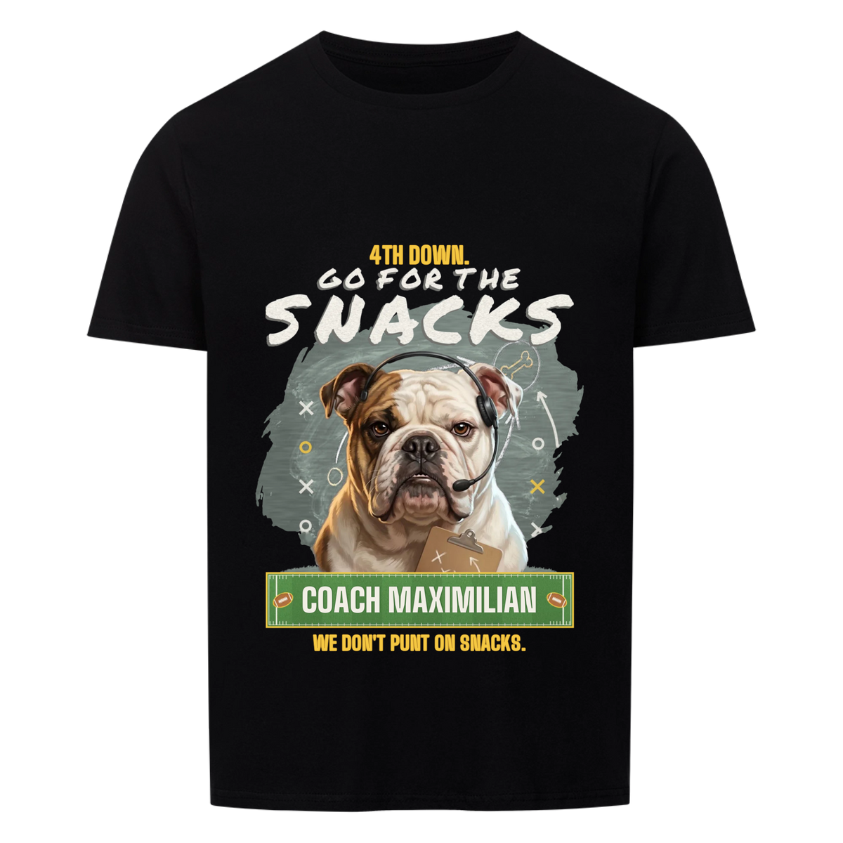 4th Down Go for the Snacks custom pet t-shirt black - your dog as a football coach with headset and clipboard in front of a chalkboard play, with Coach name
