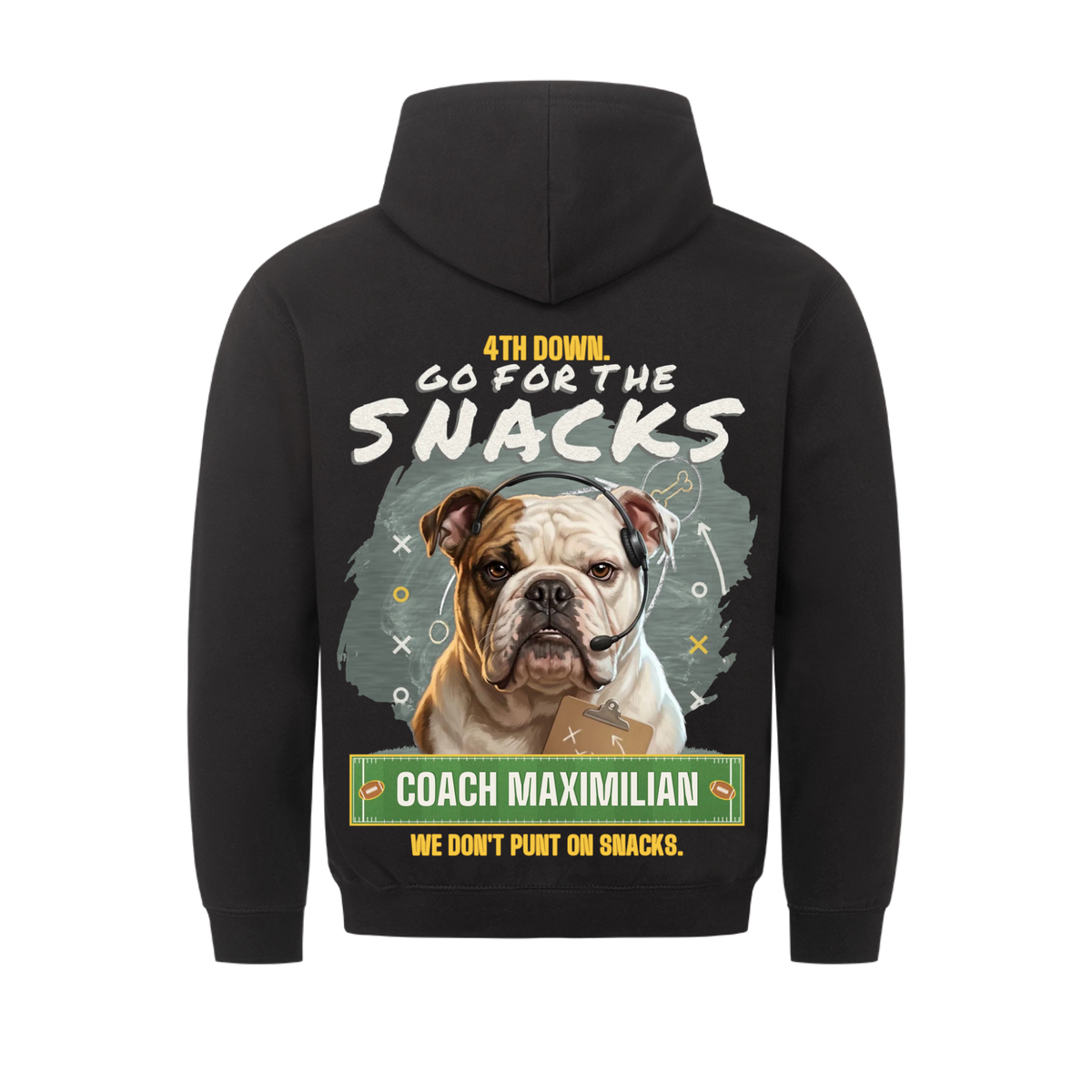 4th Down Go for the Snacks custom pet hoodie black, back print - your dog as a coach with headset and clipboard, chalkboard X and O play, with Coach name
