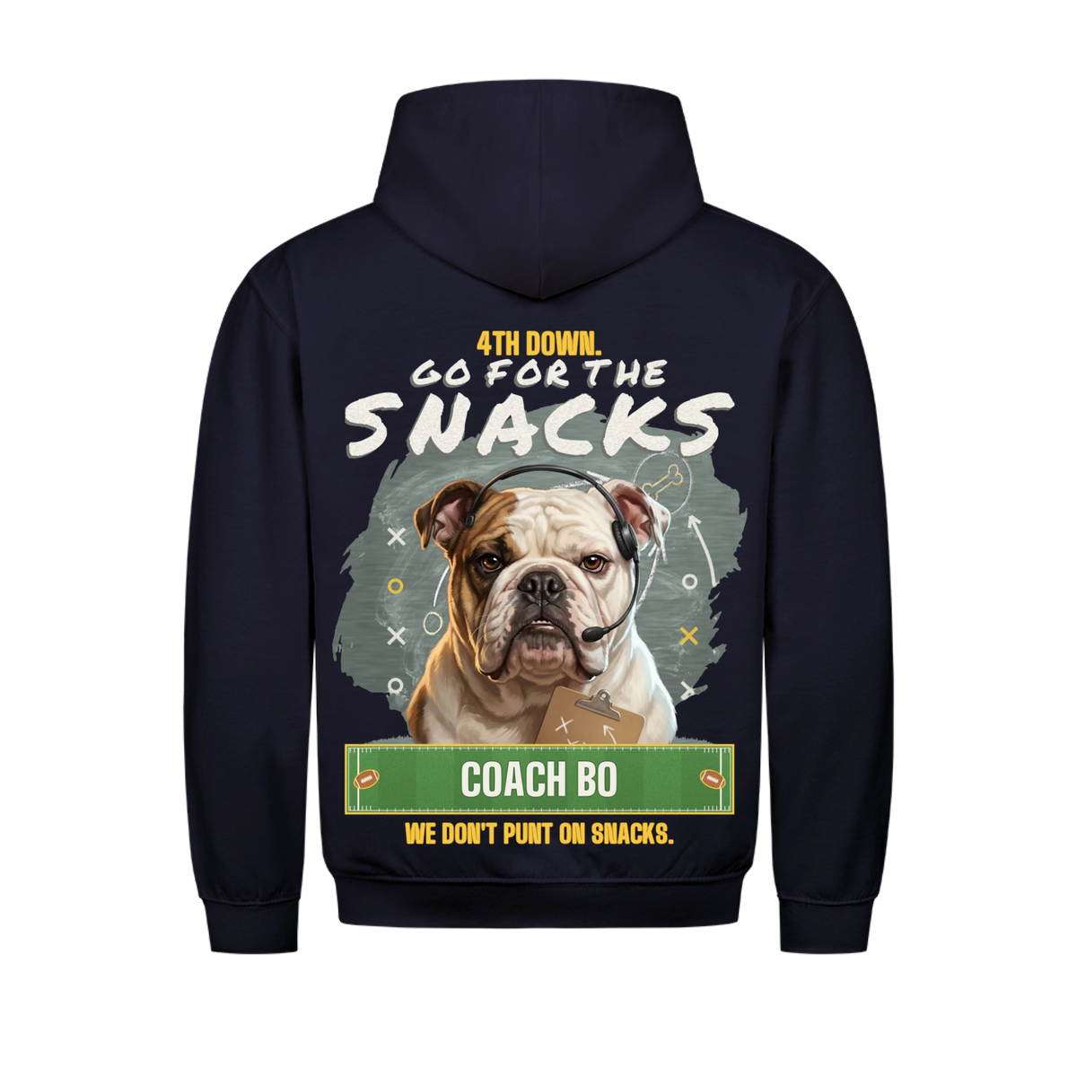 4th Down Go for the Snacks custom pet hoodie navy, back print - your dog as a coach with headset and clipboard, chalkboard X and O play, with Coach name