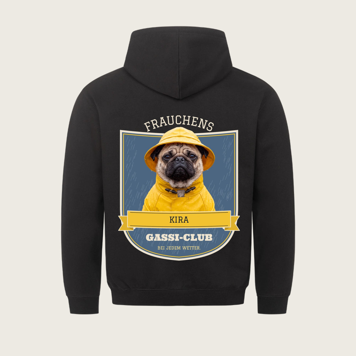 Gassi-Club Crest – Flatlay: Hoodie mit Rückendruck und Name | Lil Snouts