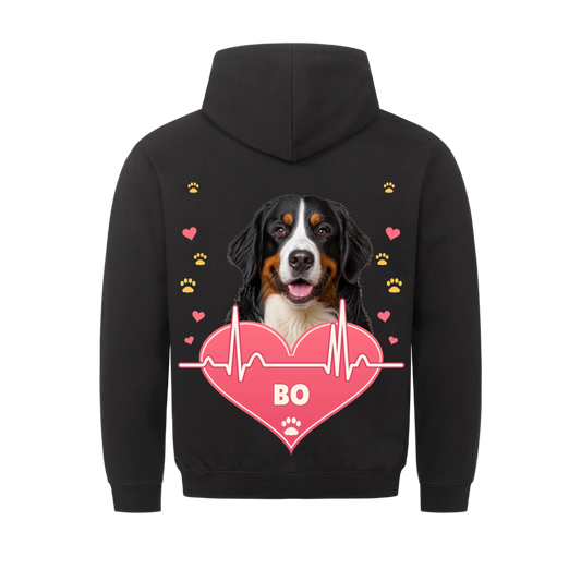 Pawbeat Heartline custom pet hoodie black, back print - your dog's portrait above a pink heart with a heartbeat line, name inside the heart