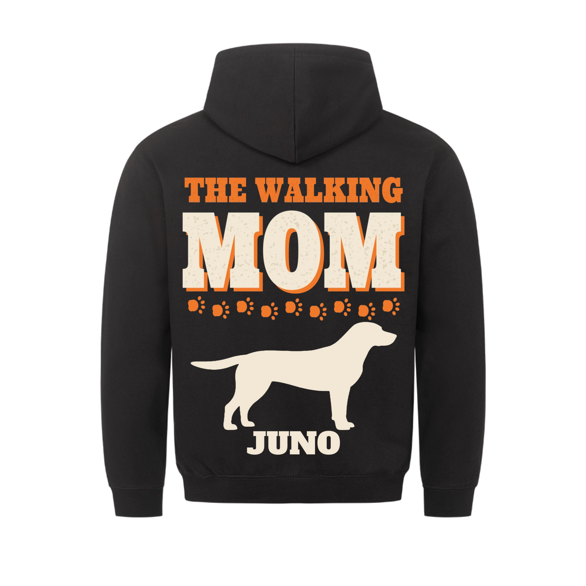 Leash Legends custom dog mom hoodie black, back print - THE WALKING MOM in bold letters, a row of orange paw prints, Labrador silhouette and dog name JUNO