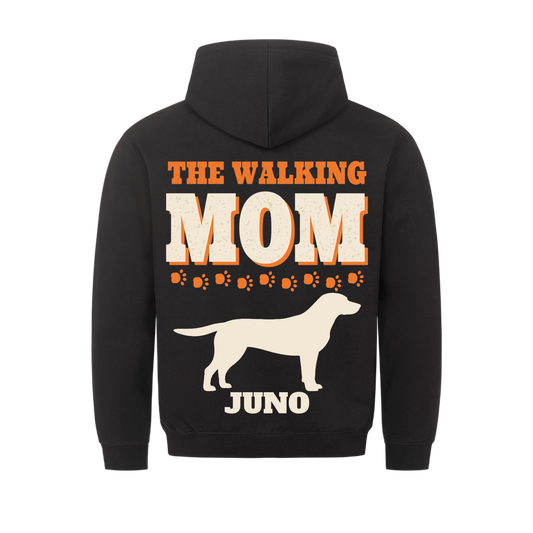 Leash Legends custom dog mom hoodie black, back print - THE WALKING MOM in bold letters, a row of orange paw prints, Labrador silhouette and dog name JUNO