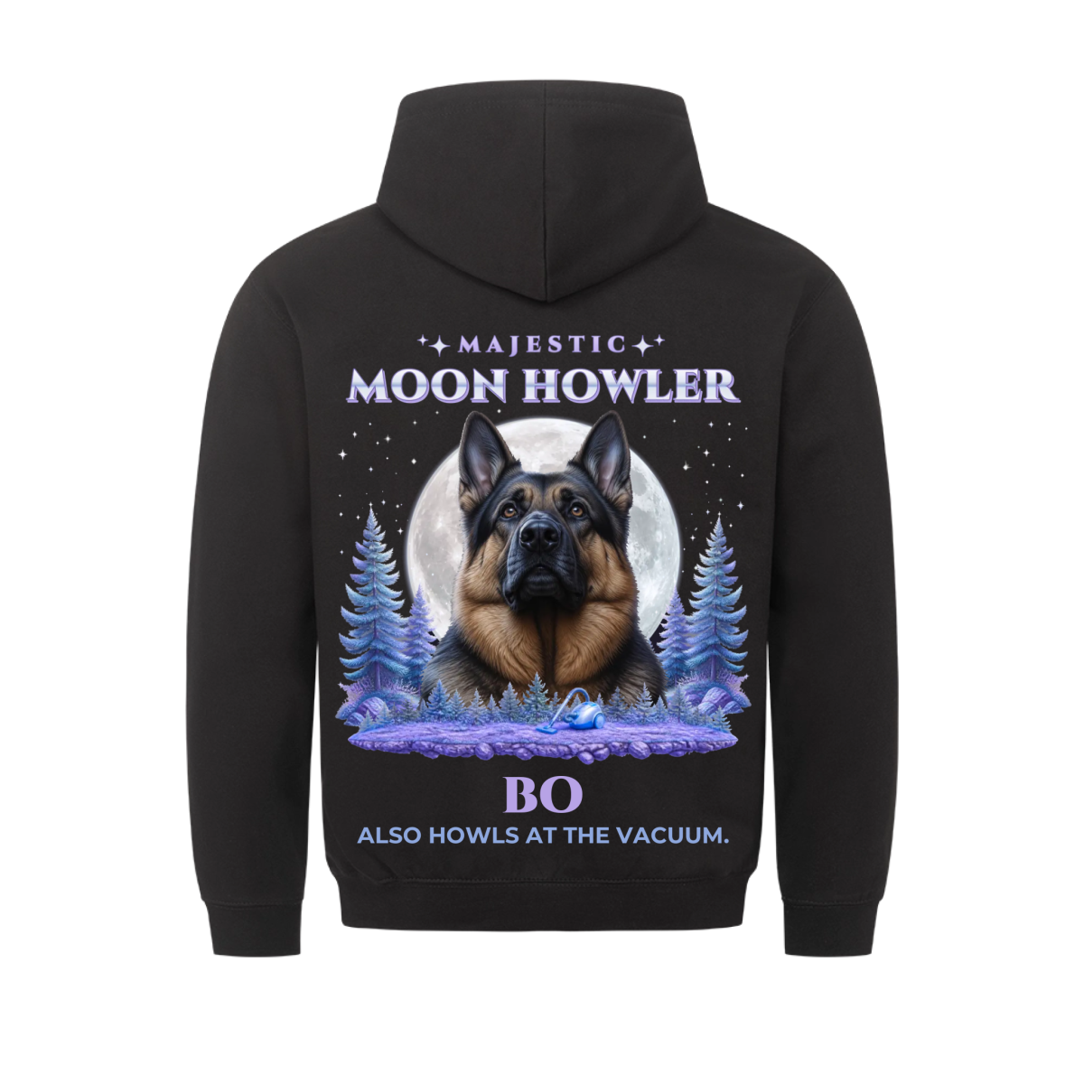 Majestic Moon Howler custom pet hoodie black, back print - your dog in front of a glowing full moon with lavender pine trees and stars, with name