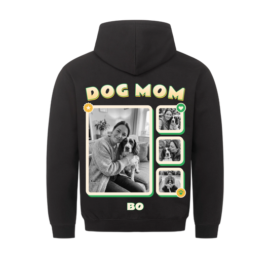Pawrent Snapshot Grid custom pet hoodie black, back print - DOG MOM title above a black and white photo grid of a woman with her spaniel, name BO below