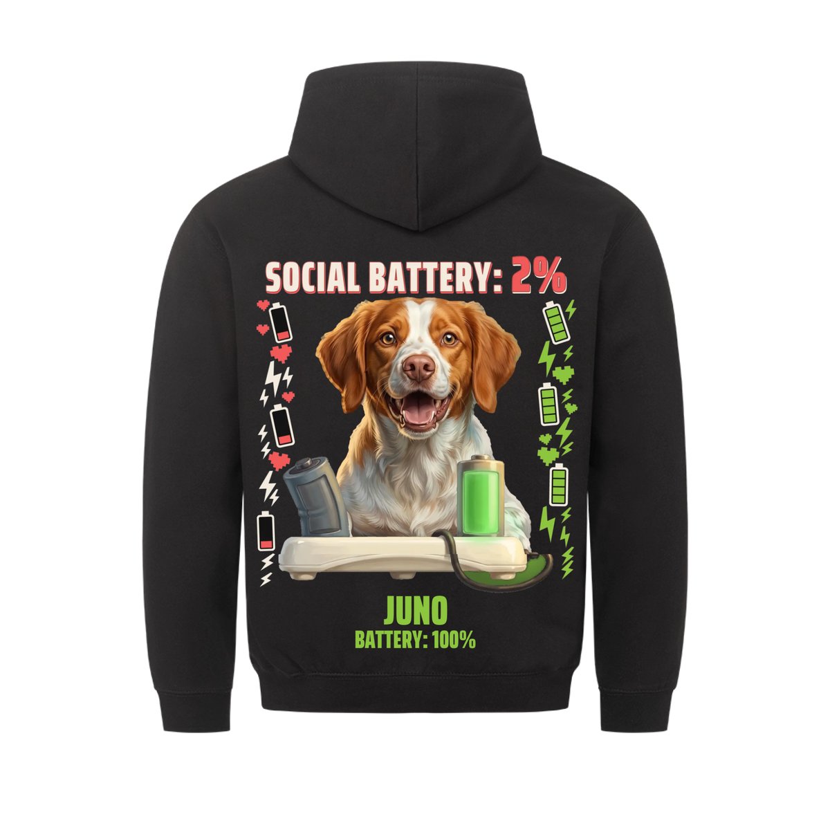 Social Battery 2% custom pet hoodie black, back print - your dog behind a charging dock with an empty and a full battery, with name and battery 100%
