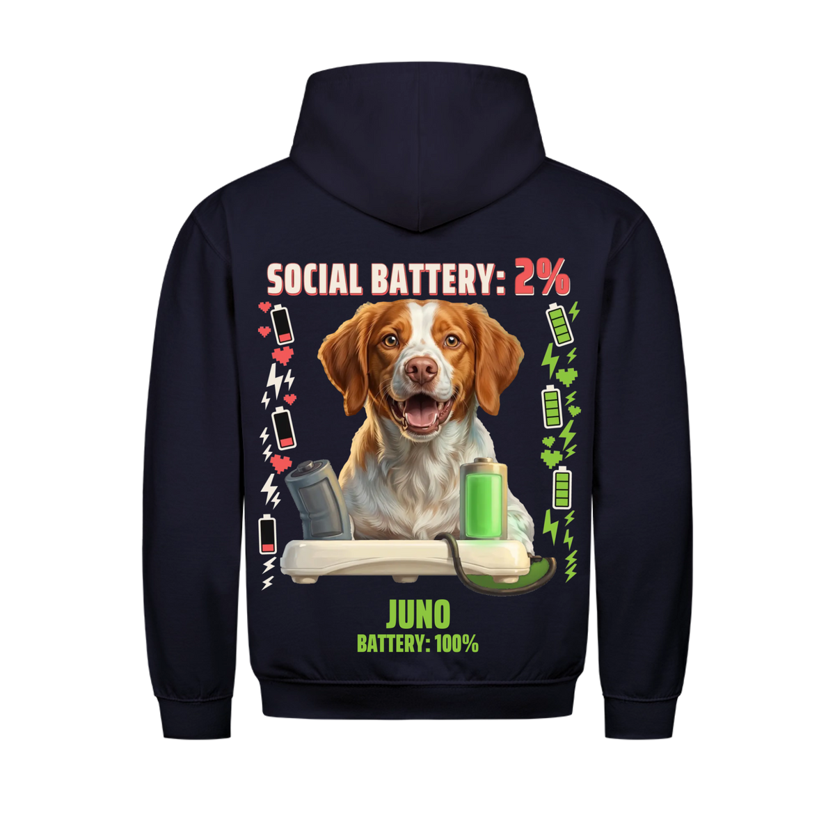 Social Battery 2% custom pet hoodie navy, back print - your dog behind a charging dock with an empty and a full battery, with name and battery 100%