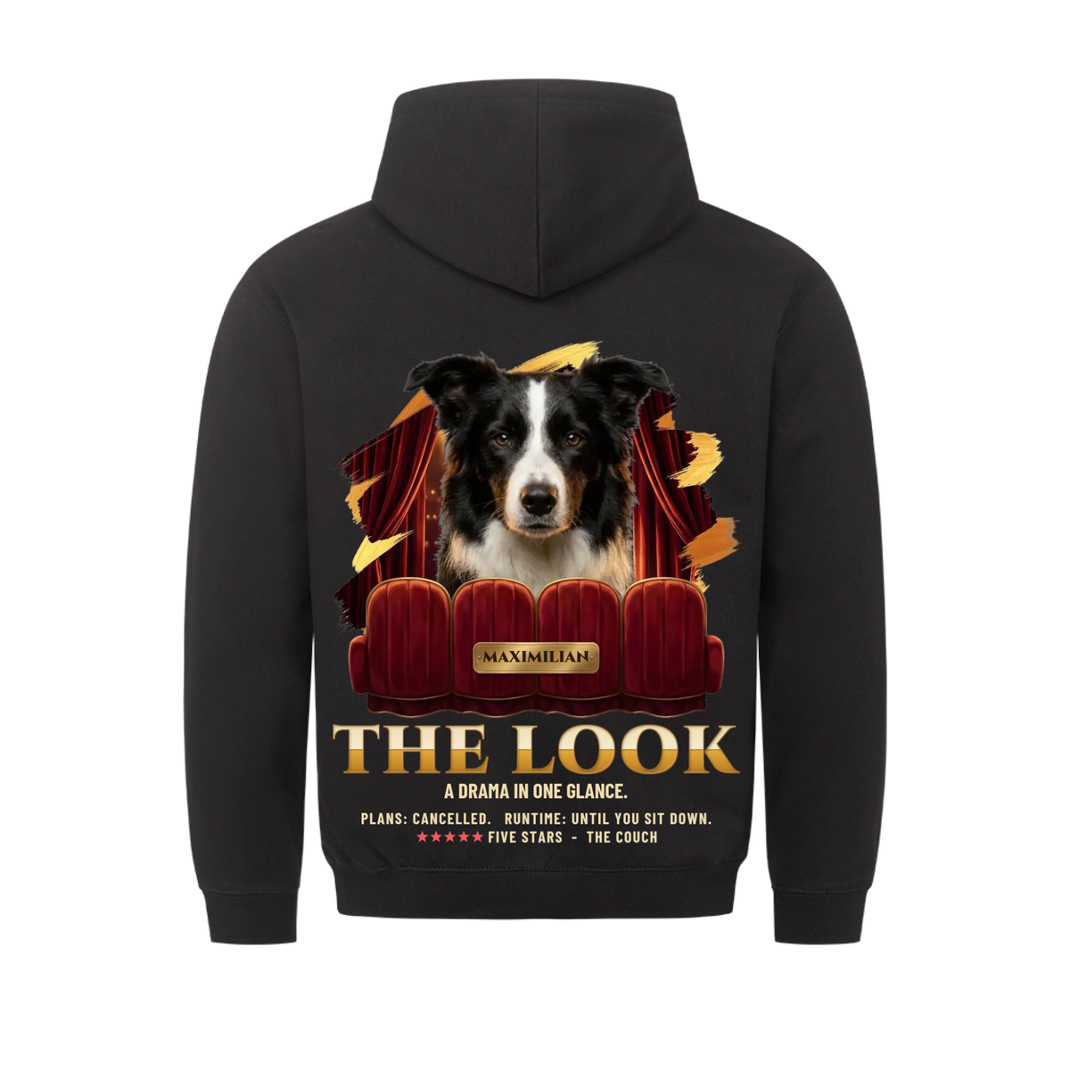 The Look custom pet hoodie black, back print - your dog peeking over red velvet movie theater seats in front of a red curtain, gold movie-poster title, name on a brass plate