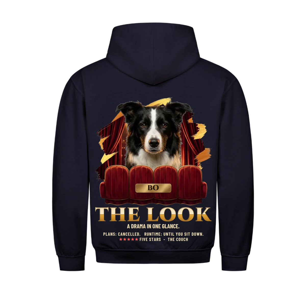 The Look custom pet hoodie navy, back print - your dog peeking over red velvet movie theater seats in front of a red curtain, gold movie-poster title, name on a brass plate