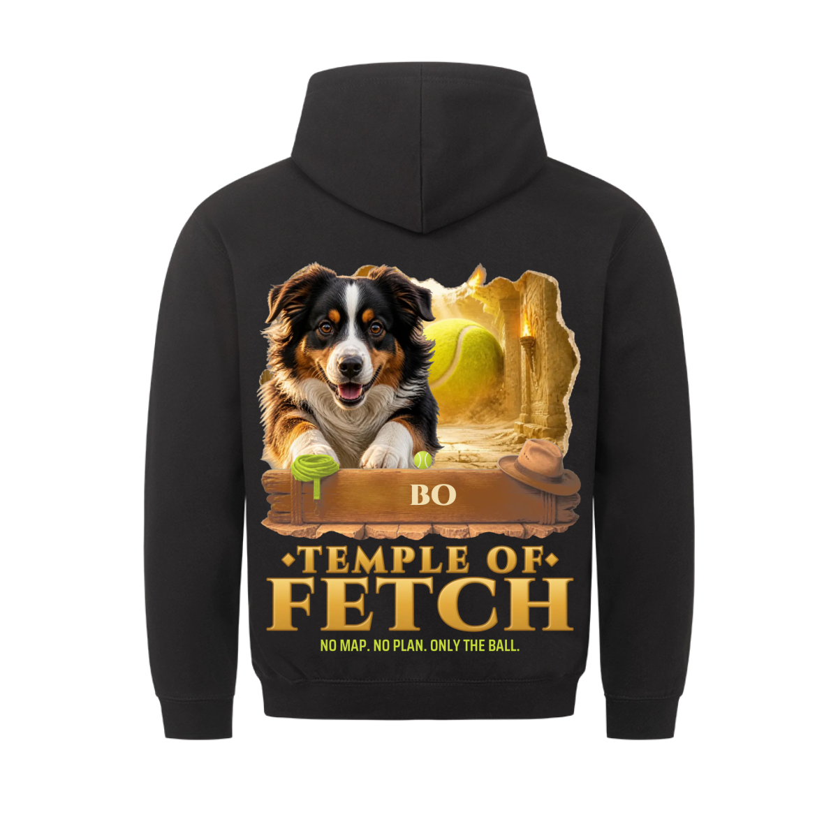 Temple of Fetch custom pet hoodie black, back print - your dog on a wooden plank in a golden temple corridor with a giant tennis ball behind, name on the plank