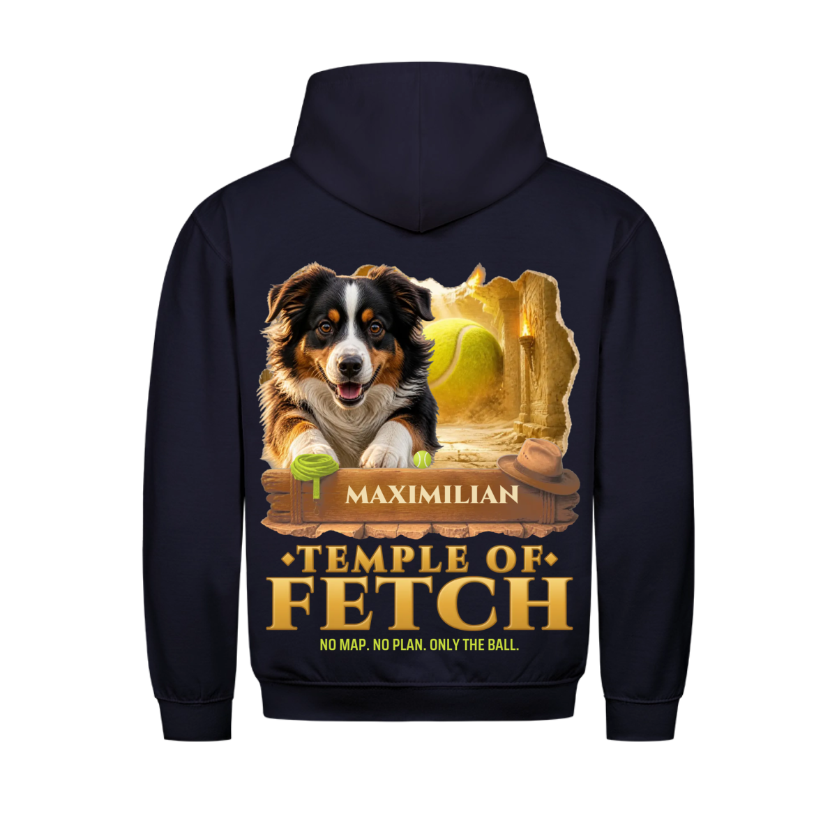Temple of Fetch custom pet hoodie navy, back print - your dog on a wooden plank in a golden temple corridor with a giant tennis ball behind, name on the plank