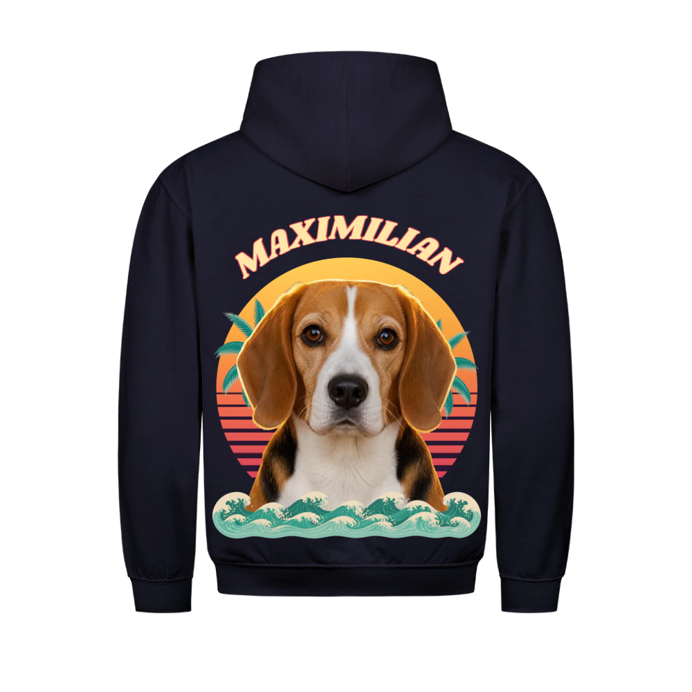 Sundown Sweetheart custom pet hoodie navy, back print - your dog's portrait in front of a retro sunset with palm leaves and waves, with name