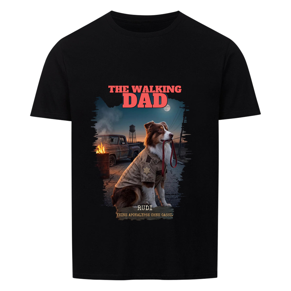 The Walking Dad T-Shirt in Schwarz: Hund in Sheriff-Hemd mit Leine im Maul vor Feuertonne und Pickup bei Nacht, mit Namen | Lil Snouts