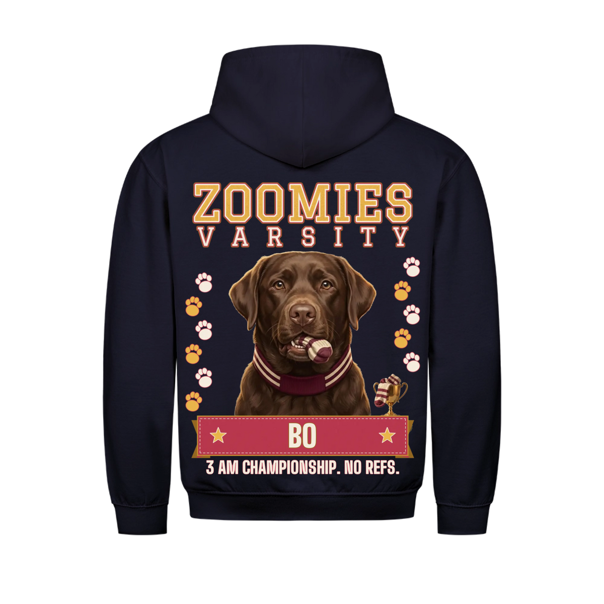 Zoomies Varsity custom pet hoodie navy, back print - your dog in a varsity scarf with a sock in its mouth and a gold trophy, with name