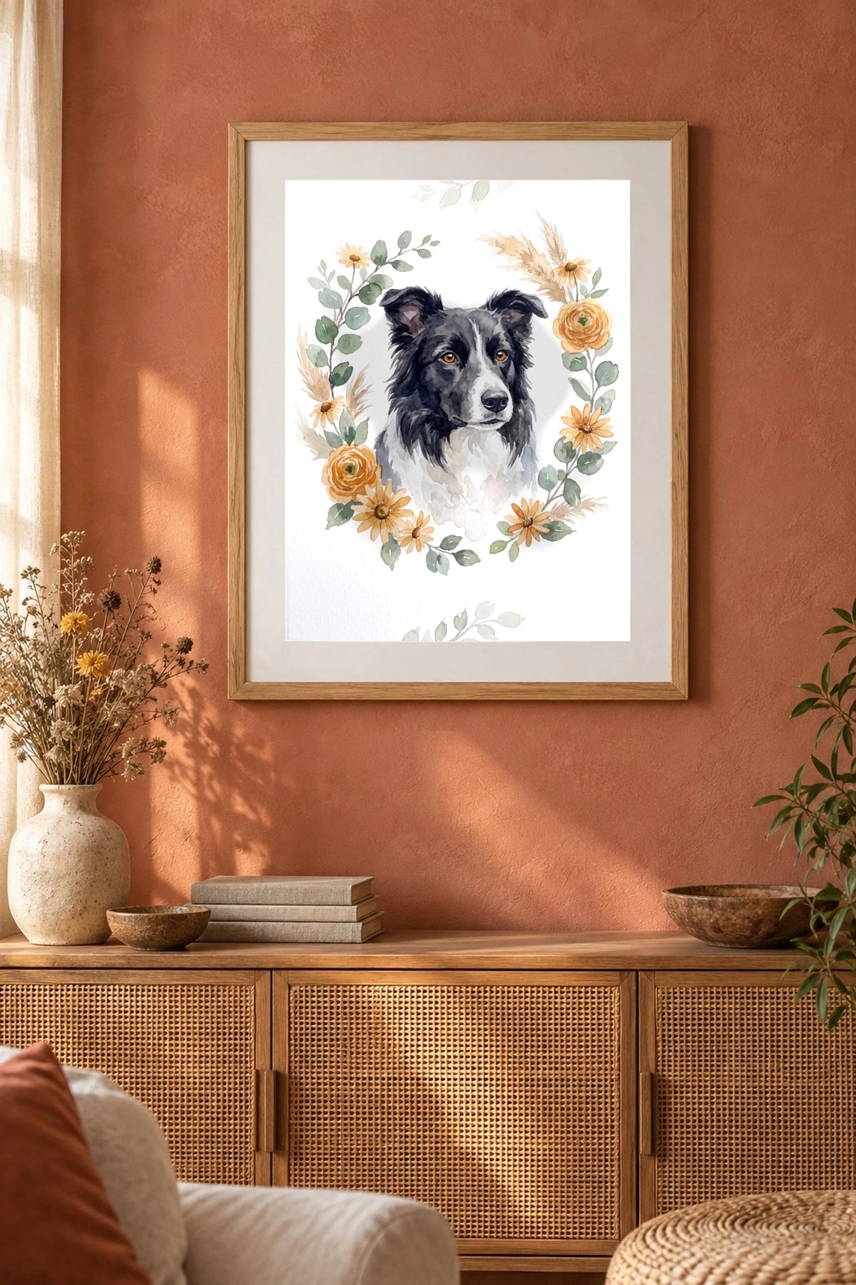 Botanik-Kranz Poster mit Border Collie