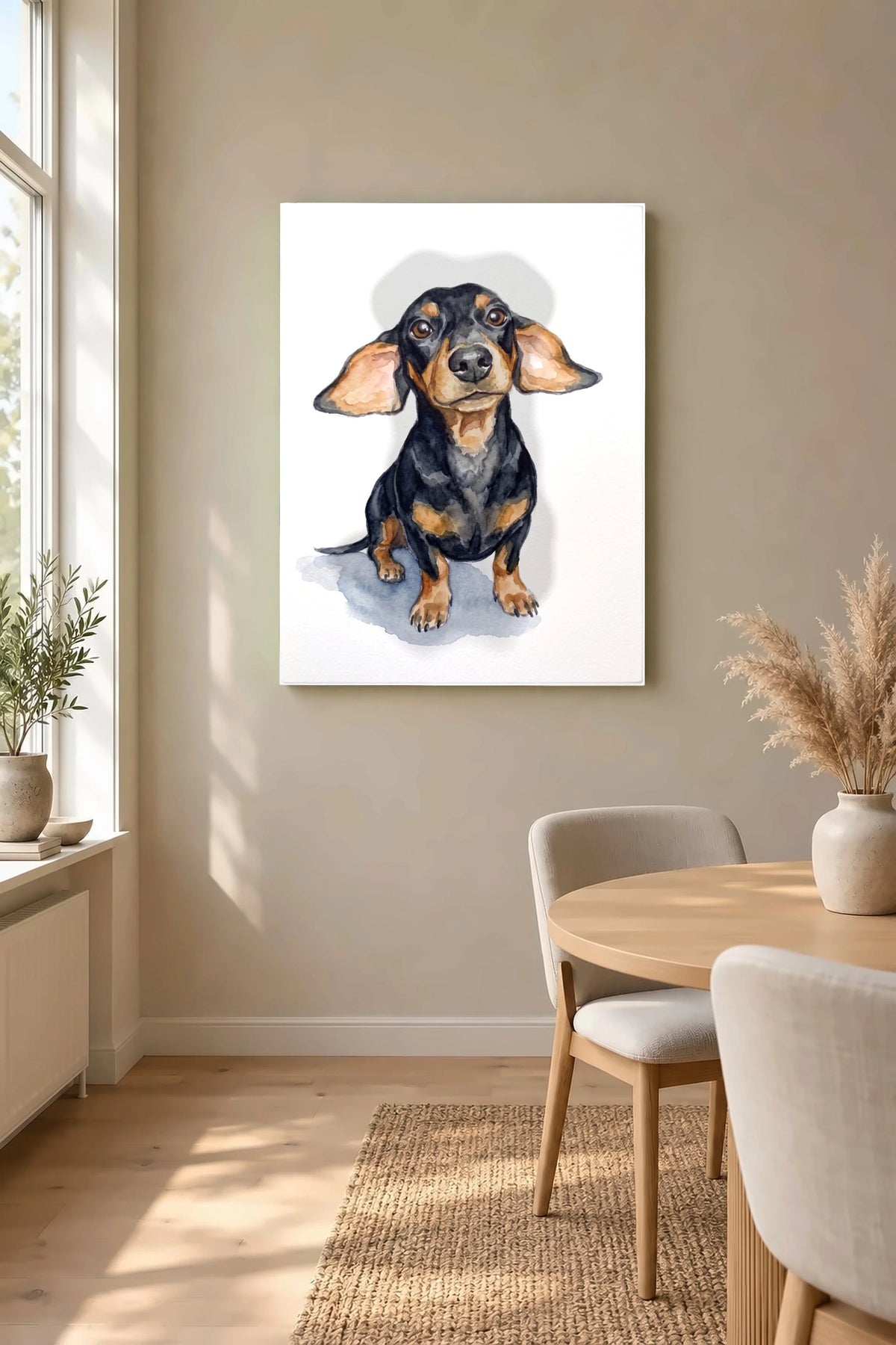 Aquarell-Sitzpose Leinwand mit Dackel