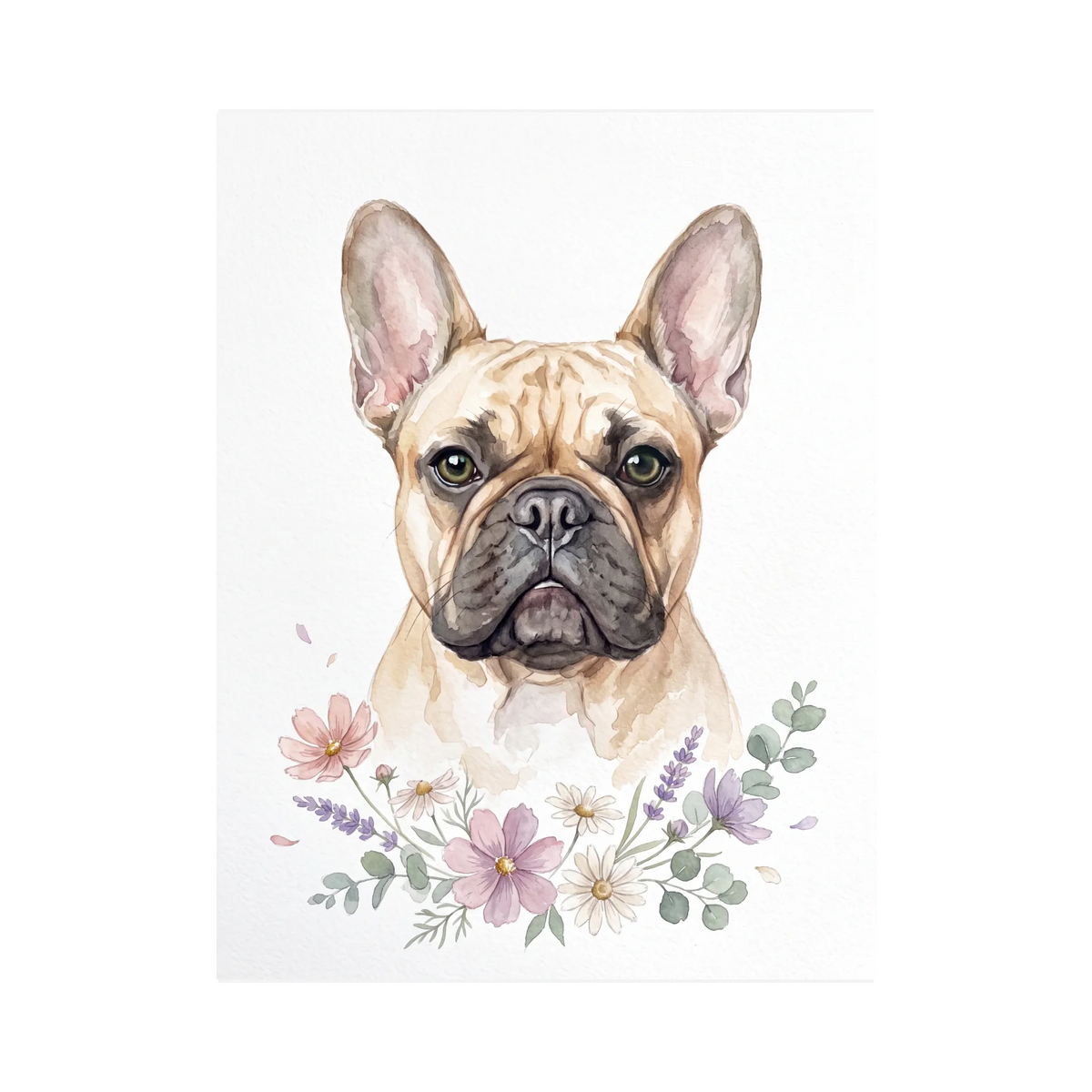 Aquarell mit Blütenzweig: Französische Bulldogge als personalisiertes Hundeportrait – Vorschau