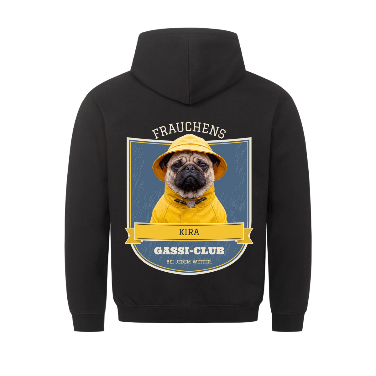 Gassi-Club Hoodie Rückendruck – dein Hund im gelben Friesennerz im Vereinswappen mit Name - personalisiert mit Foto & Name | Lil Snouts