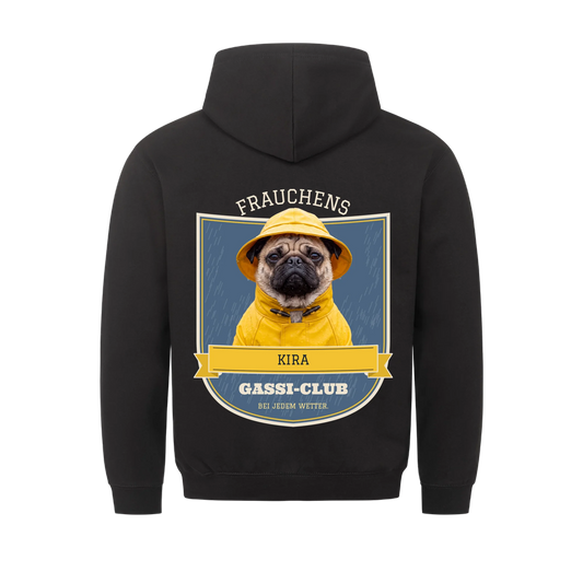 Gassi-Club Hoodie Rückendruck – dein Hund im gelben Friesennerz im Vereinswappen mit Name - personalisiert mit Foto & Name | Lil Snouts