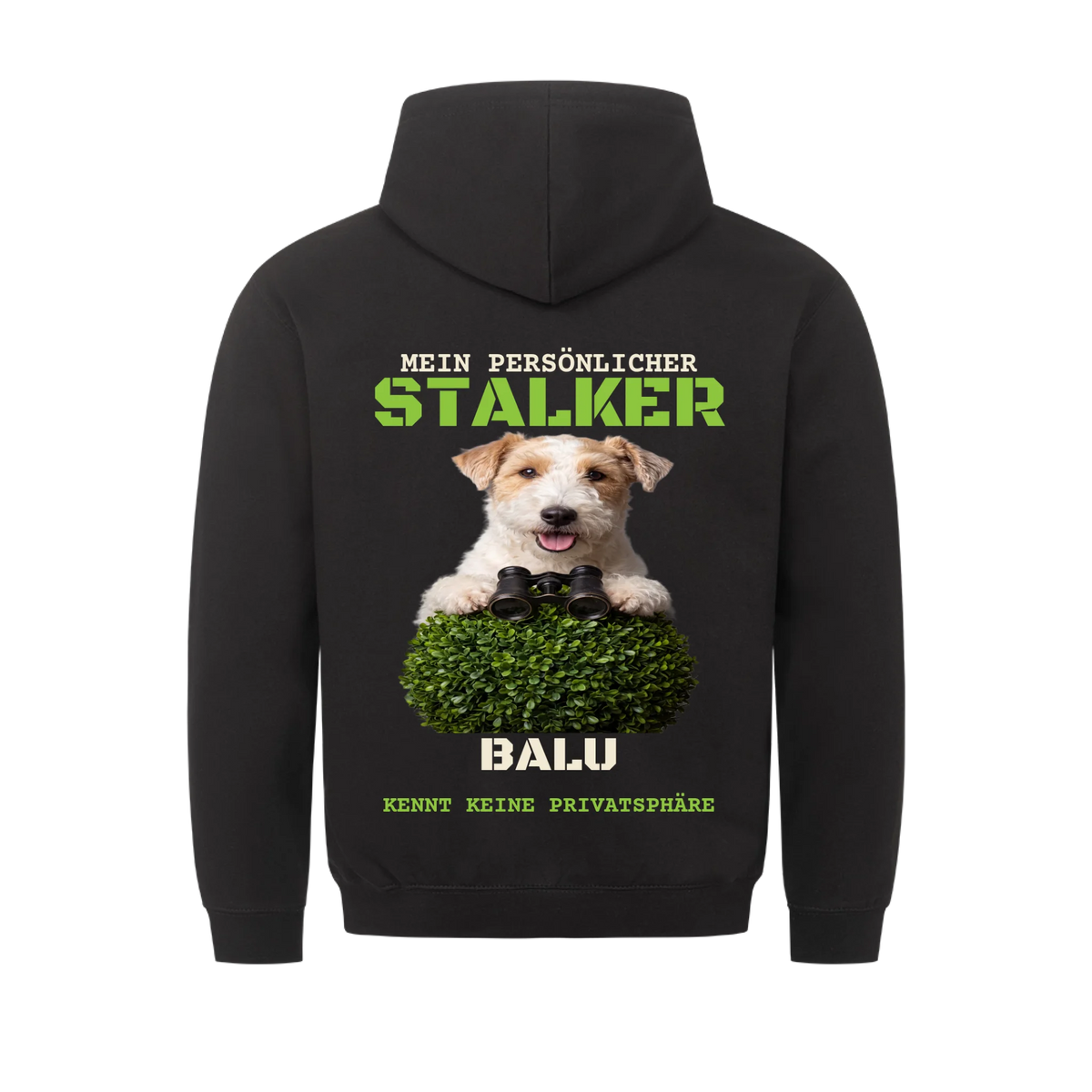 Mein persönlicher Stalker Hoodie: Terrier mit Fernglas hinter der Hecke mit Namen, schwarzer Hoodie mit Rückendruck | Lil Snouts