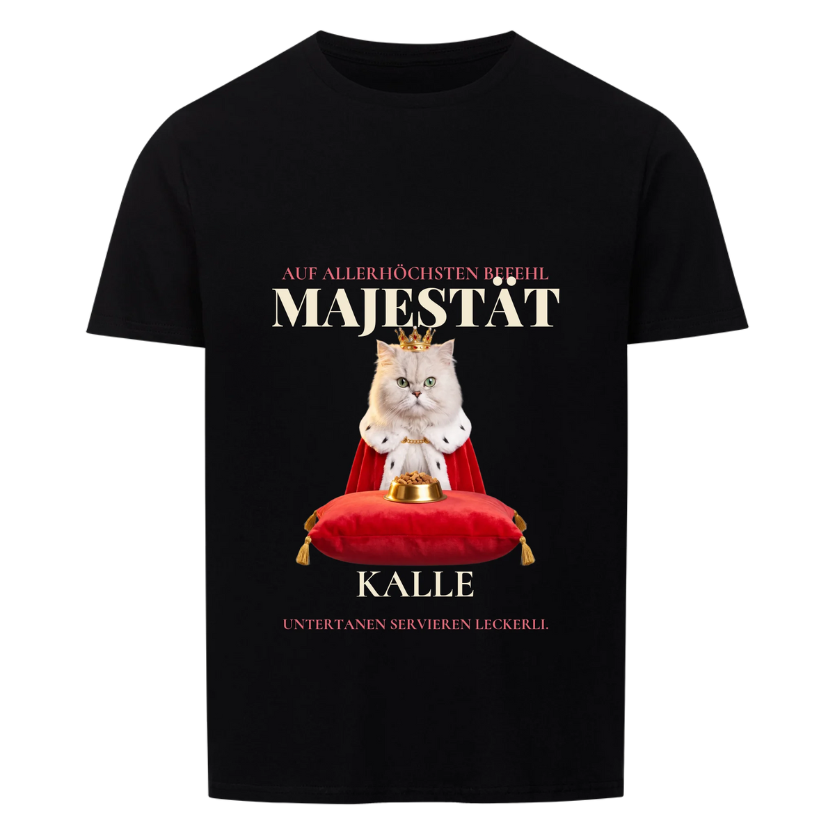 Majestät T-Shirt: weiße Katze mit Krone und rotem Umhang auf dem Samtkissen mit Namen, schwarzes Shirt | Lil Snouts