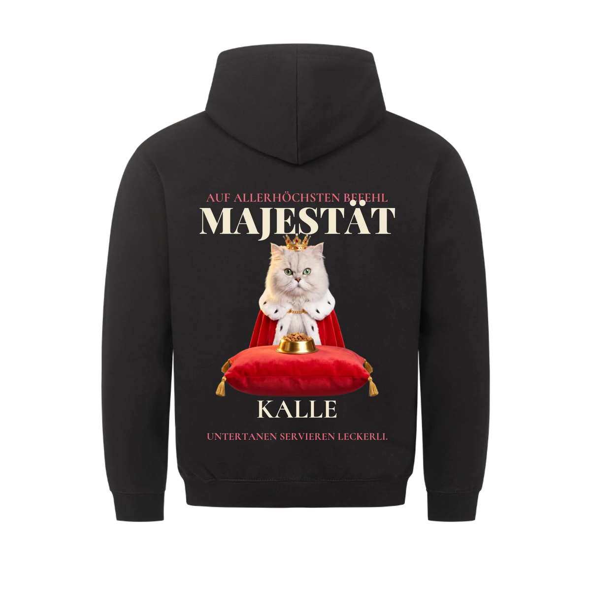 Majestät Hoodie: weiße Katze mit Krone und rotem Umhang auf dem Samtkissen mit Namen, schwarzer Hoodie mit Rückendruck | Lil Snouts