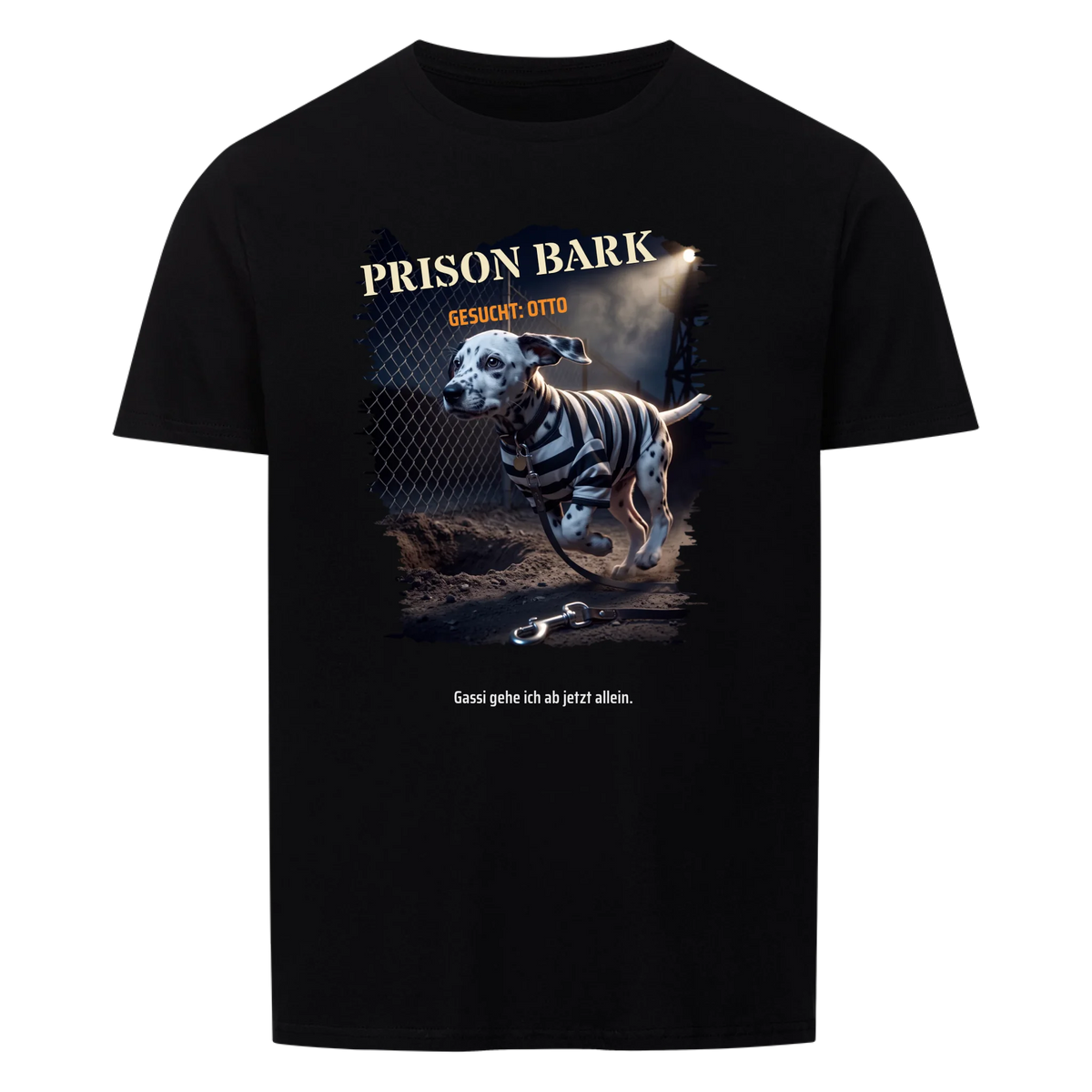 Prison Bark T-Shirt in Schwarz: Dalmatiner-Welpe im Sträflingshemd flieht durch ein Loch im Zaun, GESUCHT mit Namen | Lil Snouts
