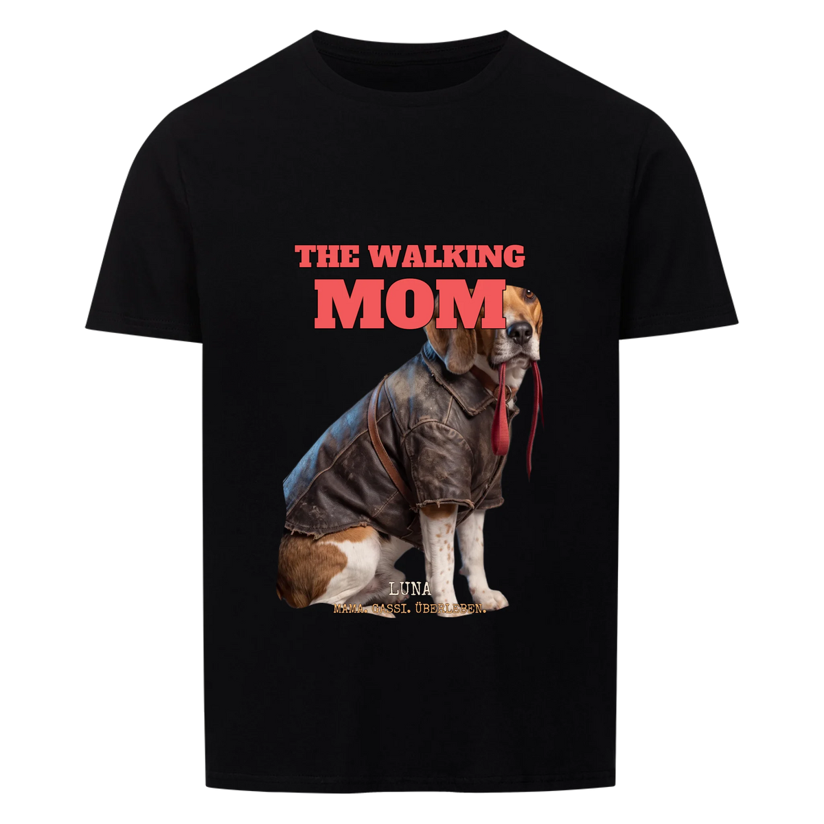 Schwarzes T-Shirt mit dem The-Walking-Mom-Druck, Haustier in Lederjacke und Name