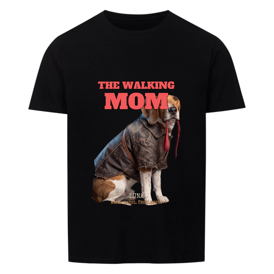 Schwarzes T-Shirt mit dem The-Walking-Mom-Druck, Haustier in Lederjacke und Name