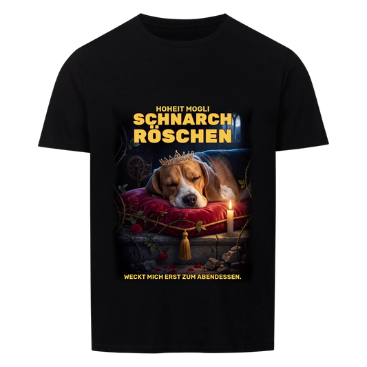 Schnarchröschen T-Shirt in Schwarz: schlafender Hund mit Krone auf rotem Samtkissen, mit Name | Lil Snouts