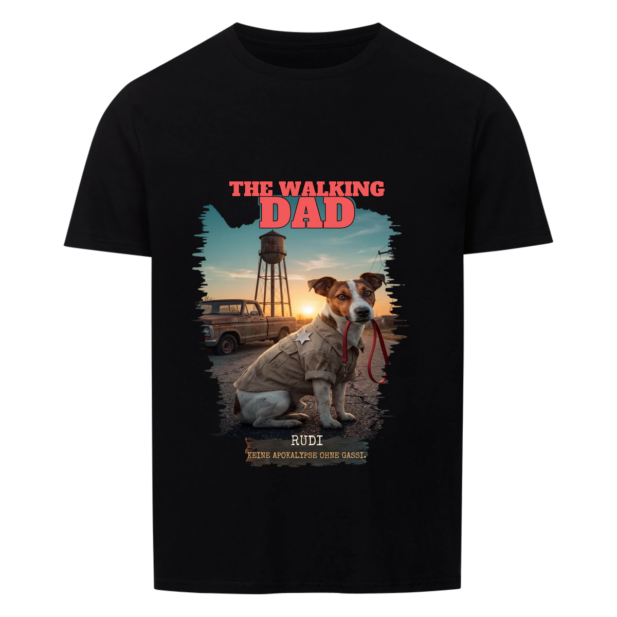 Schwarzes T-Shirt mit dem The-Walking-Dad-Druck, Haustier in Lederjacke und Name