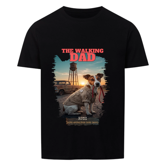Schwarzes T-Shirt mit dem The-Walking-Dad-Druck, Haustier in Lederjacke und Name
