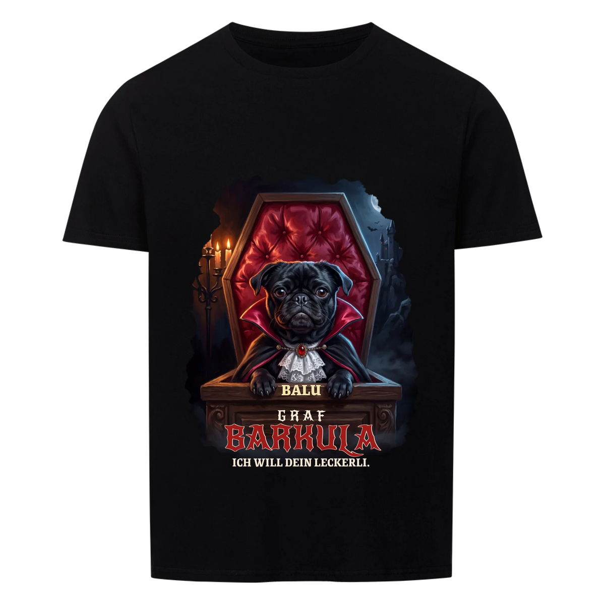 Graf Barkula T-Shirt: Mops als Vampir im Sarg mit Namen, schwarzes Shirt mit Frontdruck | Lil Snouts