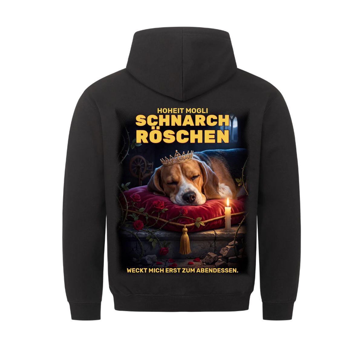 Schnarchröschen Hoodie in Schwarz, Rückendruck: schlafender Hund mit Krone auf rotem Samtkissen, mit Name | Lil Snouts