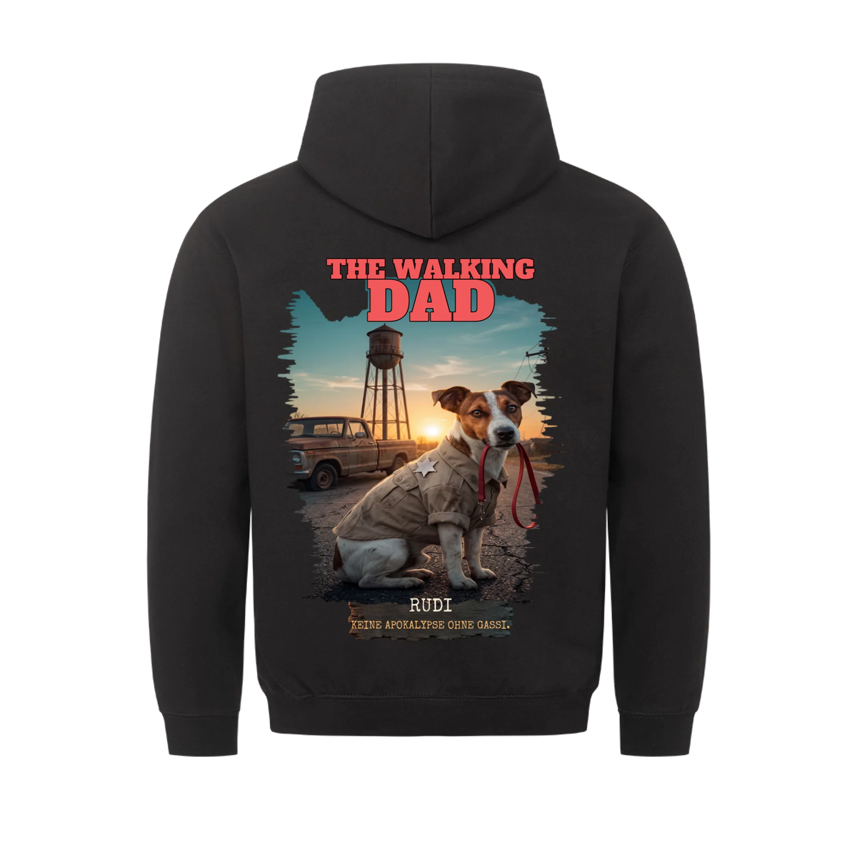 Schwarzer Hoodie mit dem The-Walking-Dad-Druck auf dem Ruecken, Haustier in Lederjacke und Name