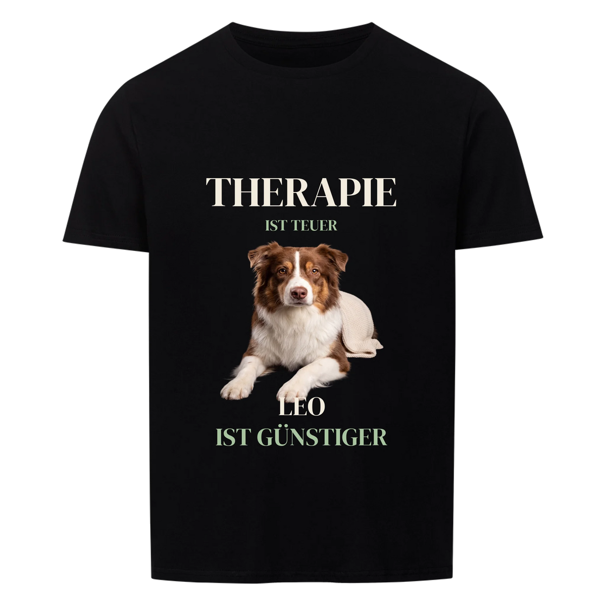 Therapie ist teuer T-Shirt: liegender Hund mit Namen, schwarzes Shirt mit Frontdruck | Lil Snouts