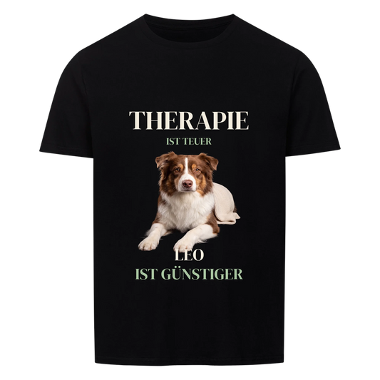 Therapie ist teuer T-Shirt: liegender Hund mit Namen, schwarzes Shirt mit Frontdruck | Lil Snouts