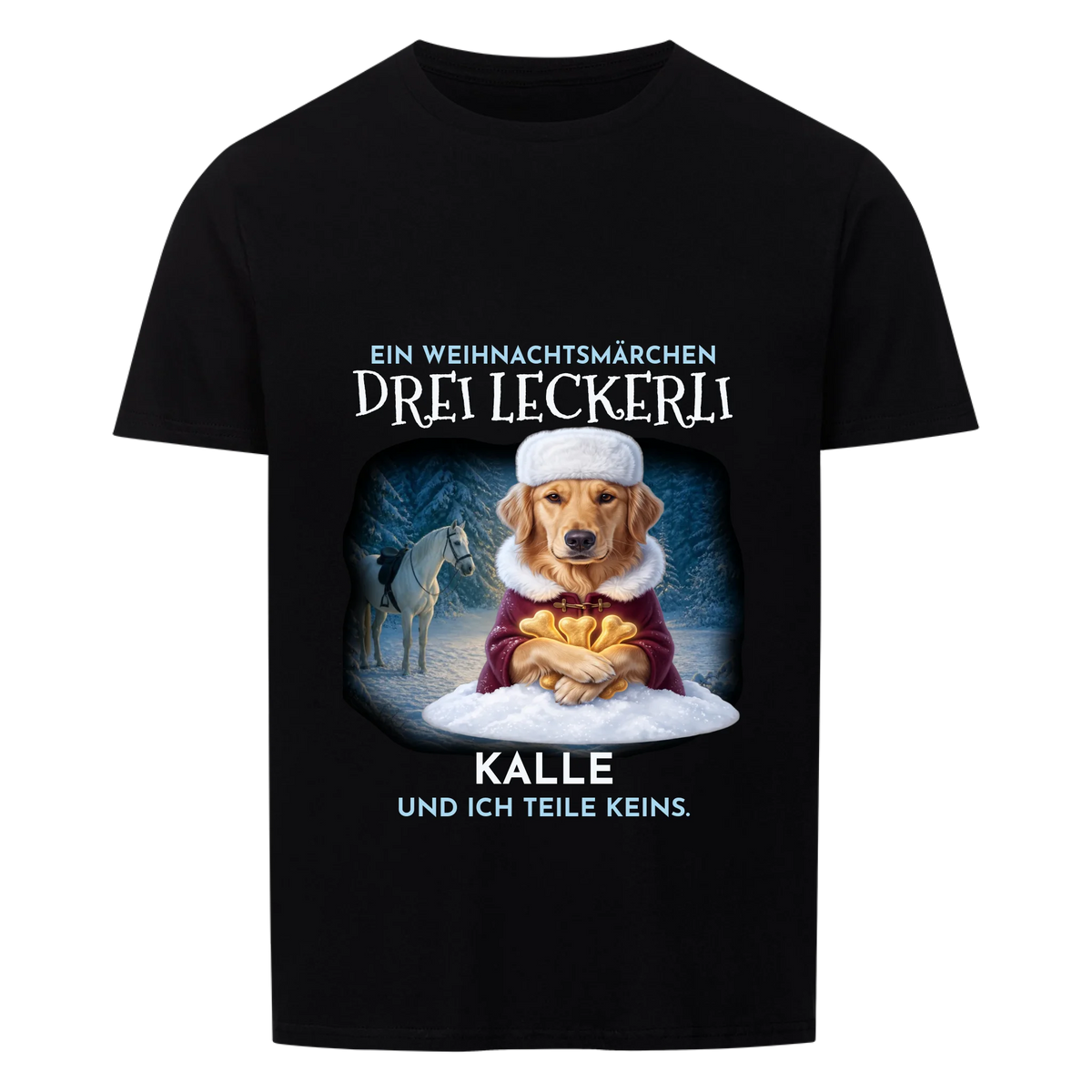 Drei Leckerli T-Shirt: Golden Retriever mit Pelzmütze im Winterwald mit Namen, schwarzes Shirt | Lil Snouts
